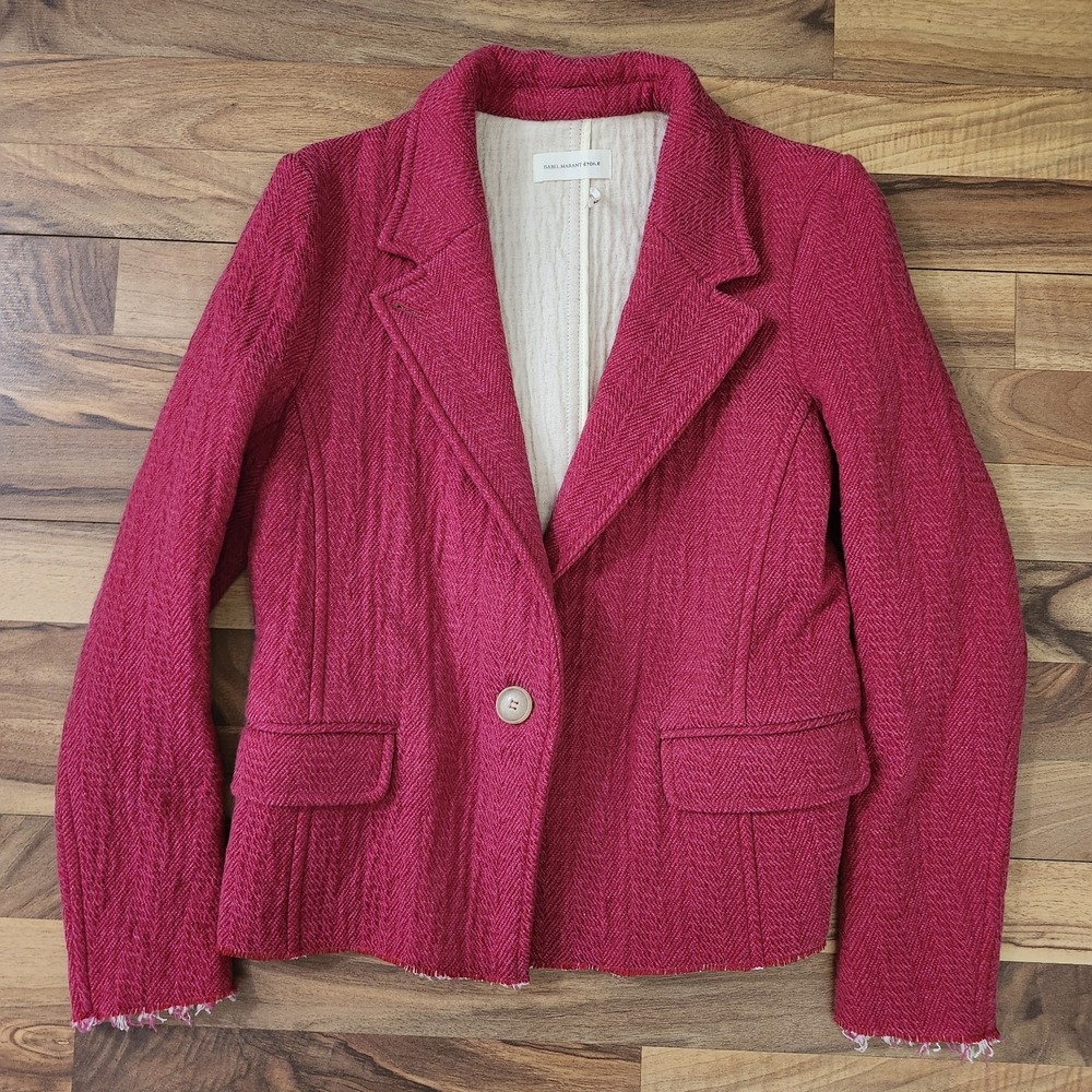 Isabel Marant Etoile Blazer Ela Raw Edge Herringbone Pink Wool Blend Sz 42